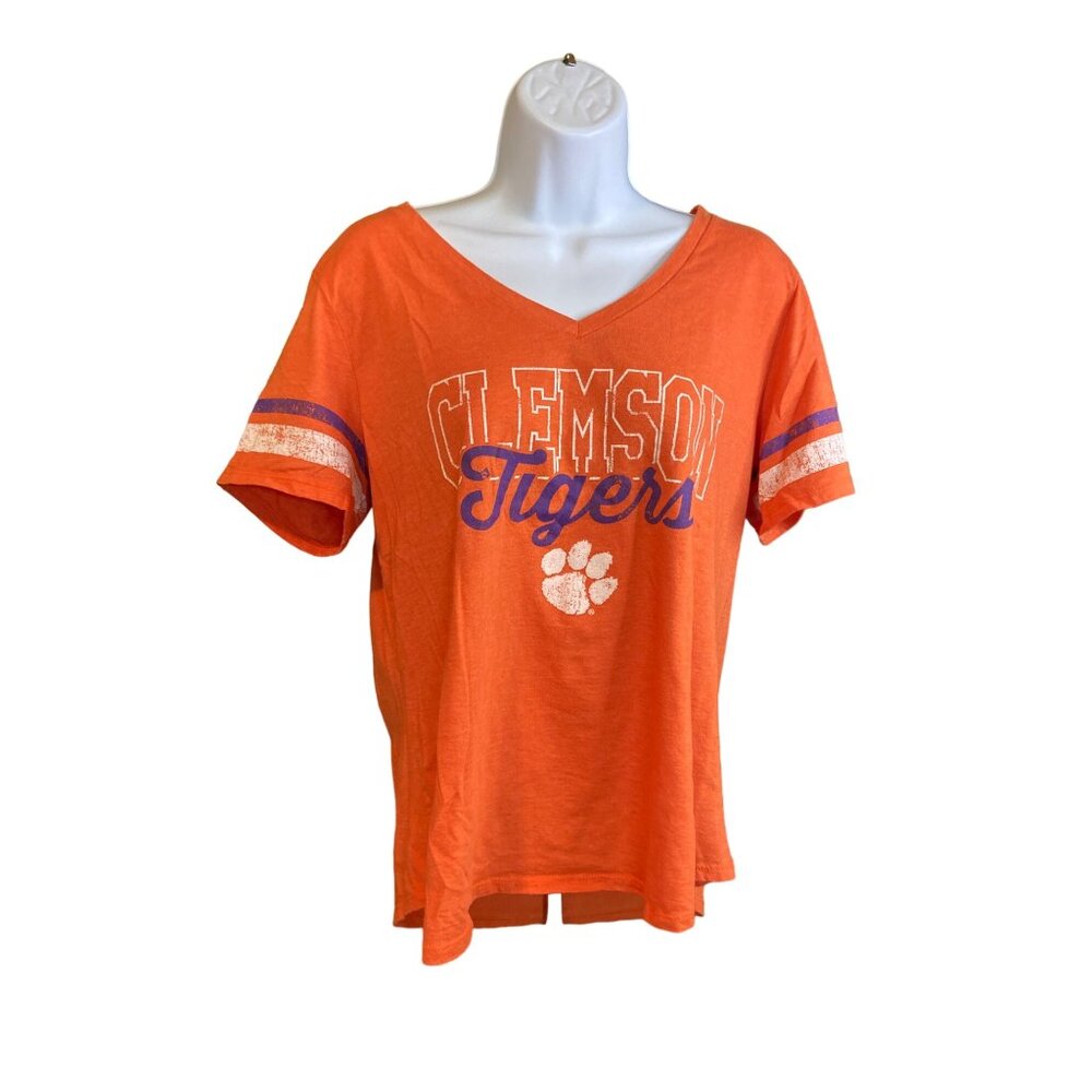 National Collegian Clemson Tigers Womens L Tee Shirt VNeck Orange Striped Paw